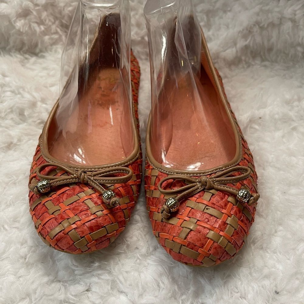 Elliott Lucca leather orange and tan woven ballerina flats with front bow SZ9